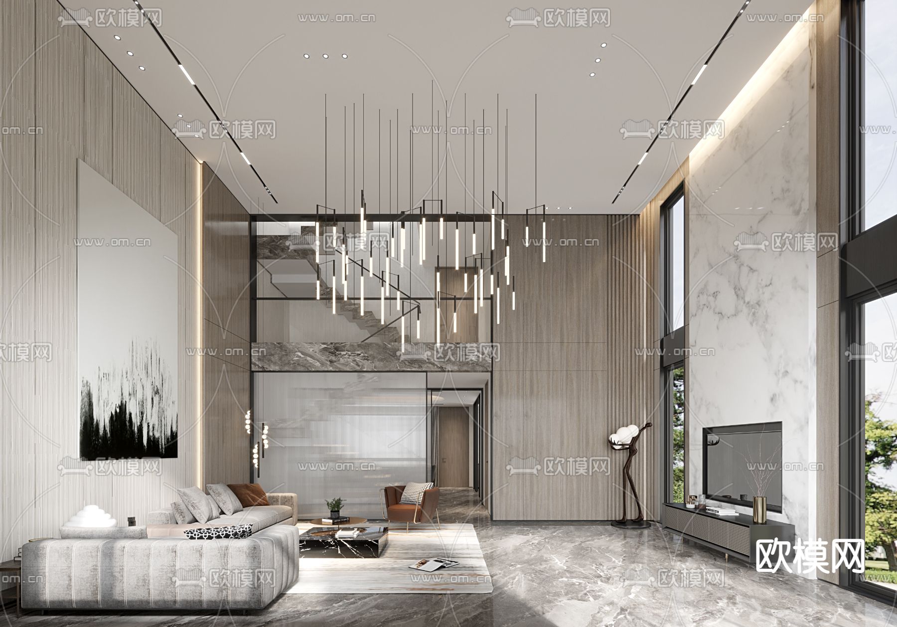 现代轻奢别墅客厅3d模型下载