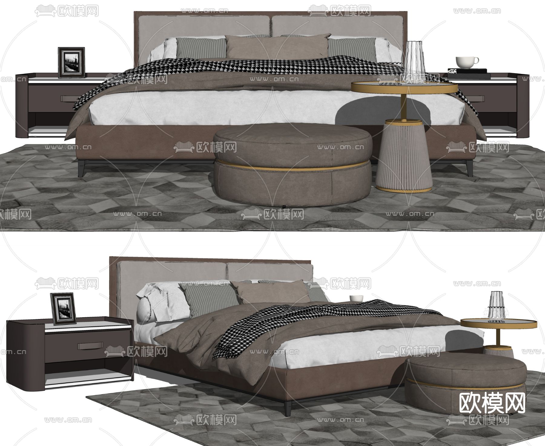 现代布艺双人床su模型下载（渲染图2）