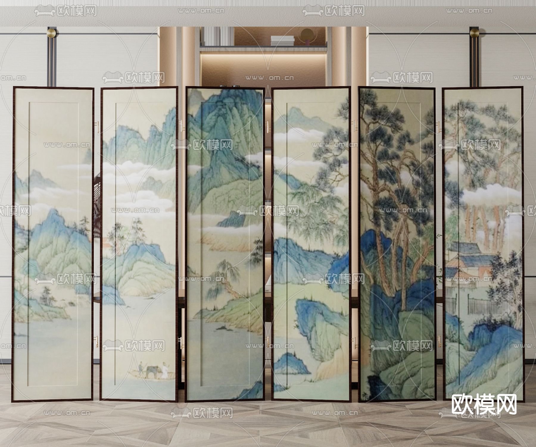 中式山水屏风隔断3d模型下载