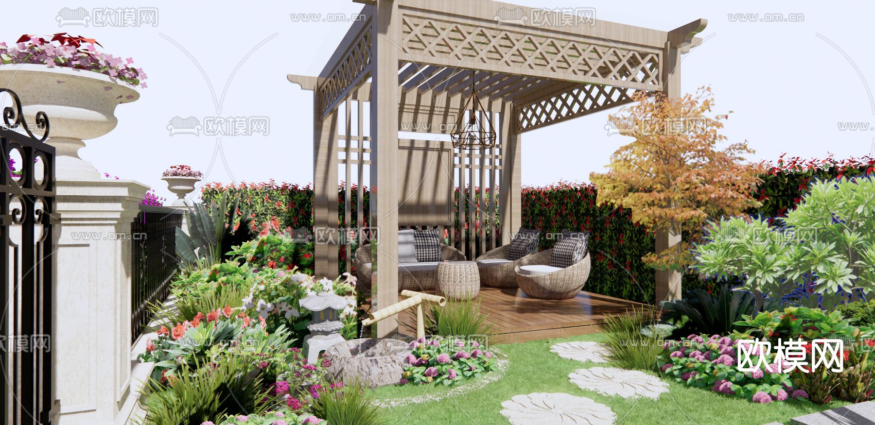 欧式庭院花园su模型下载（渲染图3）