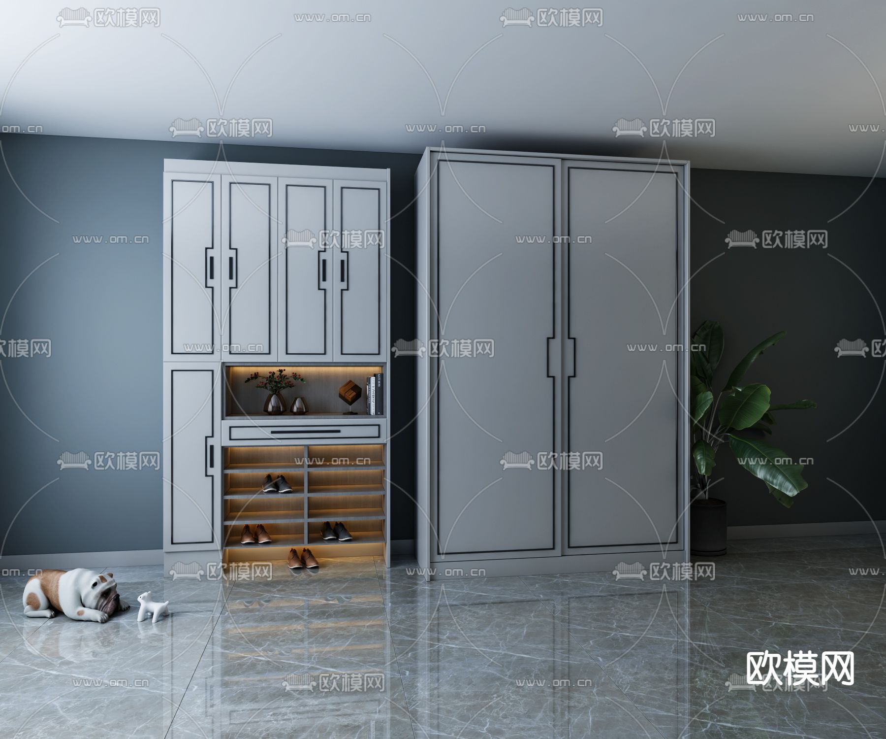新中式衣柜储物柜免费3d模型下载（渲染图1）