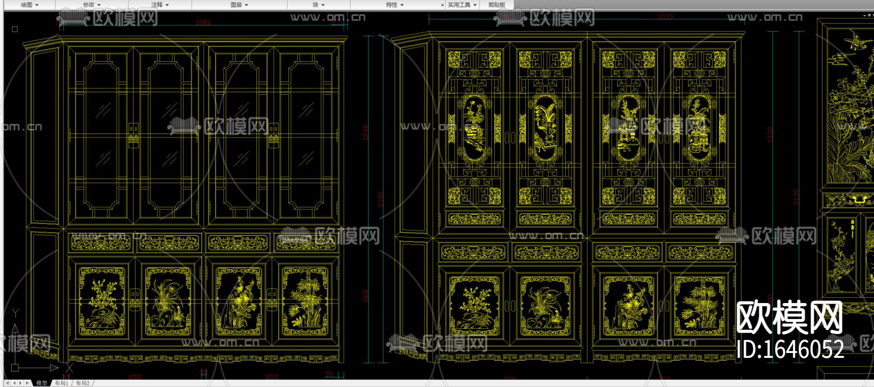 中式雕花高柜博古架立面剖面cad图库下载（渲染图7）