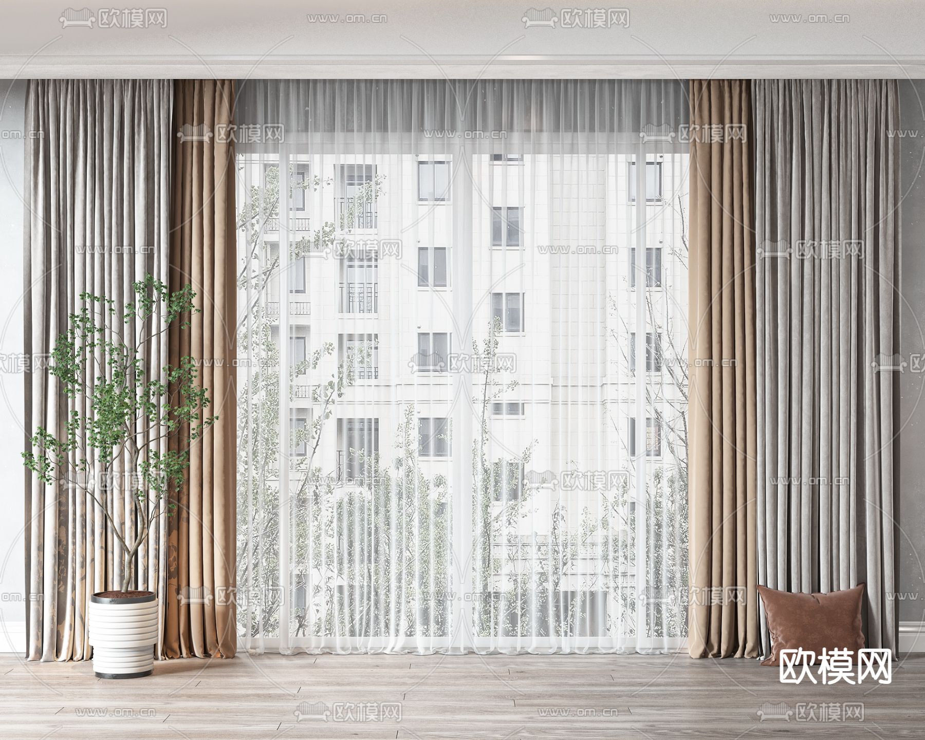 现代布艺窗帘3d模型下载（渲染图1）