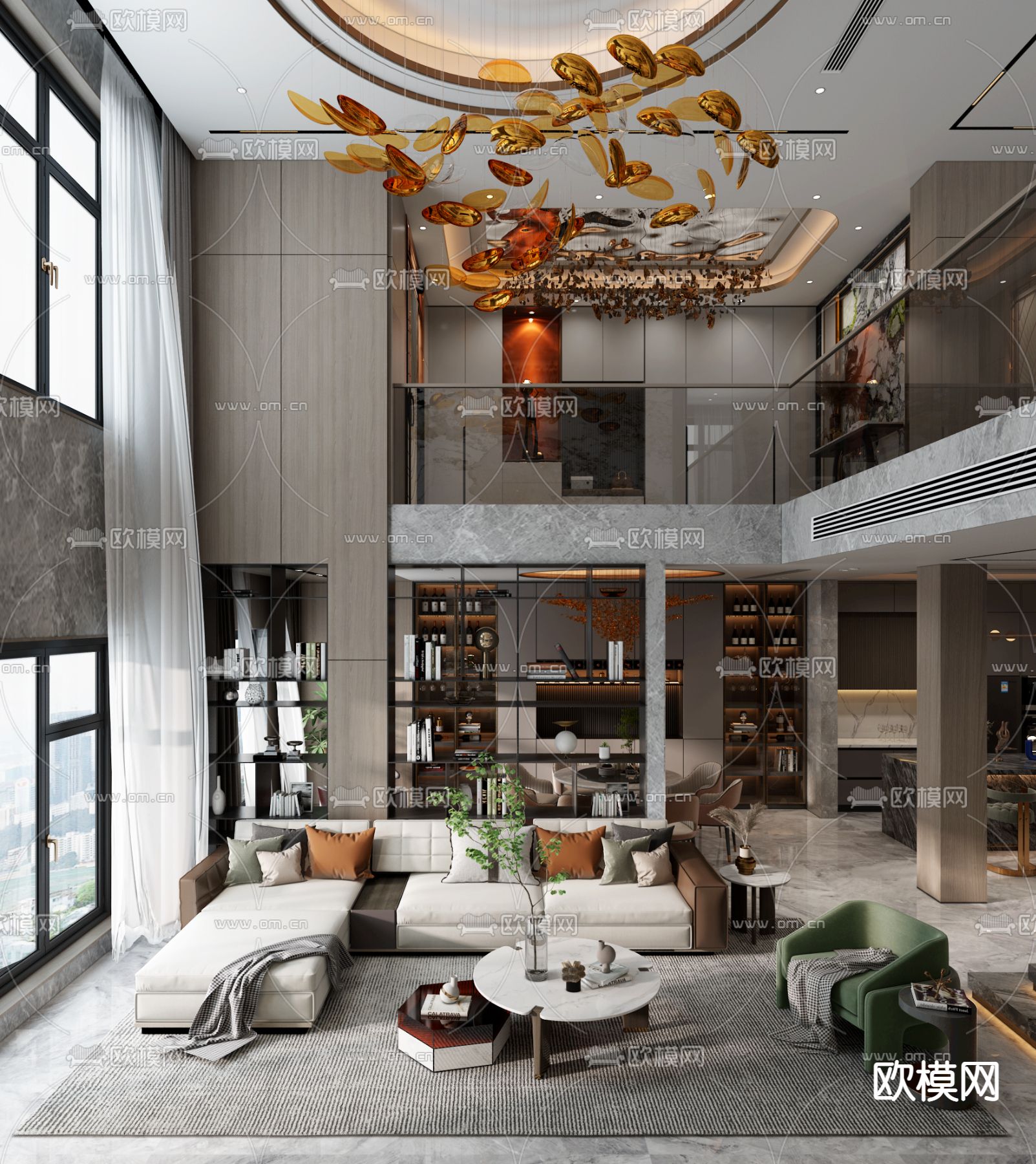 现代轻奢别墅客餐厅3d模型