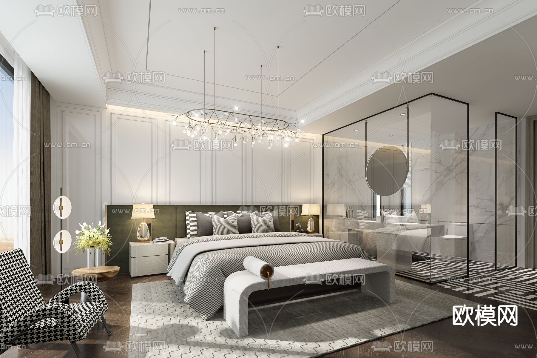 现代轻奢酒店客房3d模型下载（渲染图1）