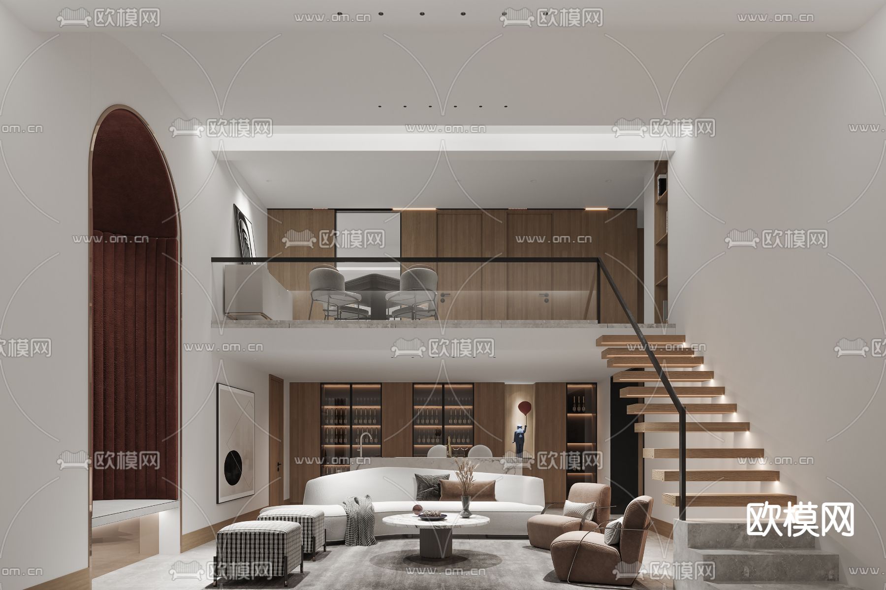 现代复式公寓客厅3d模型下载（渲染图1）