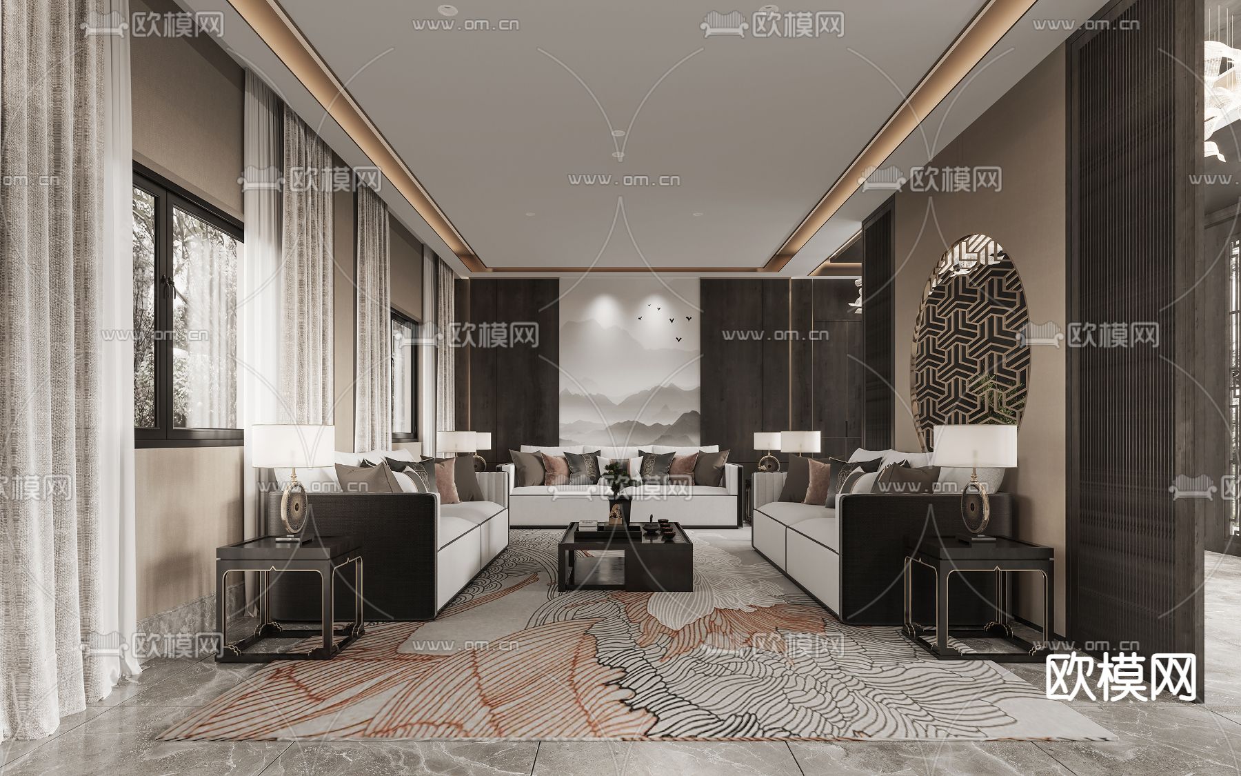 新中式客厅餐厅3d模型