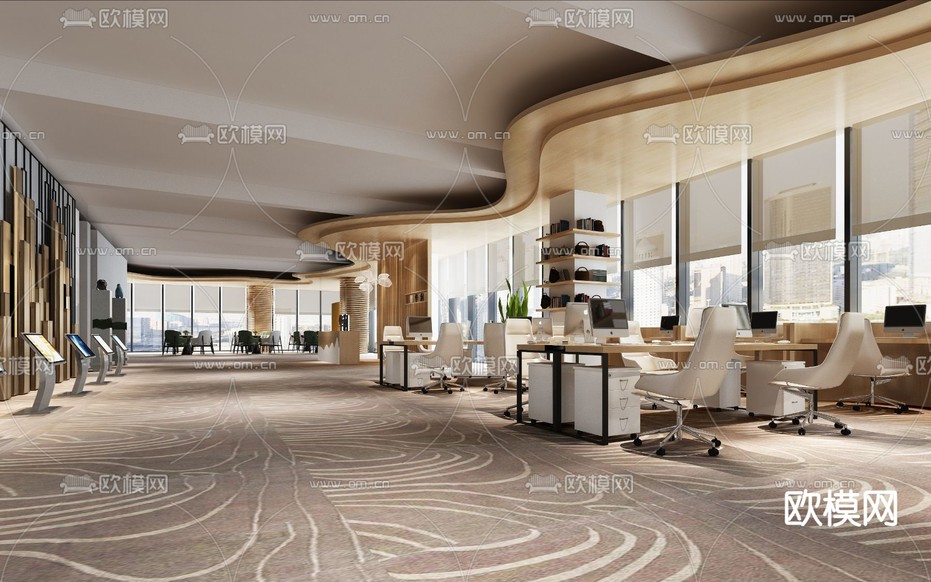 现代敞开式办公区3d模型下载(渲染图1)
