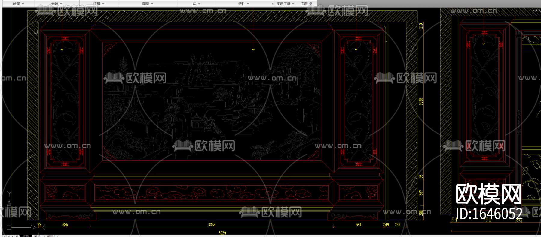中式雕花高柜博古架立面剖面cad图库下载（渲染图3）