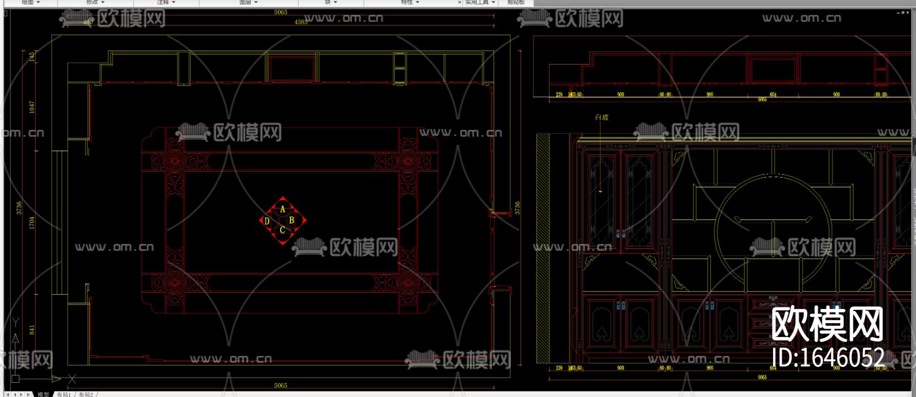 中式雕花高柜博古架立面剖面cad图库下载（渲染图4）