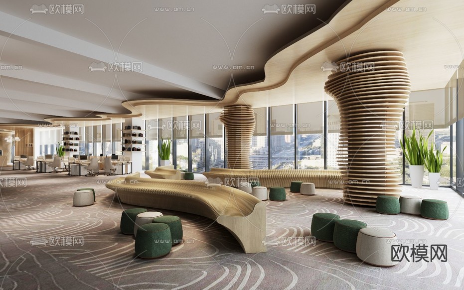 现代敞开式办公区3d模型下载(渲染图2)