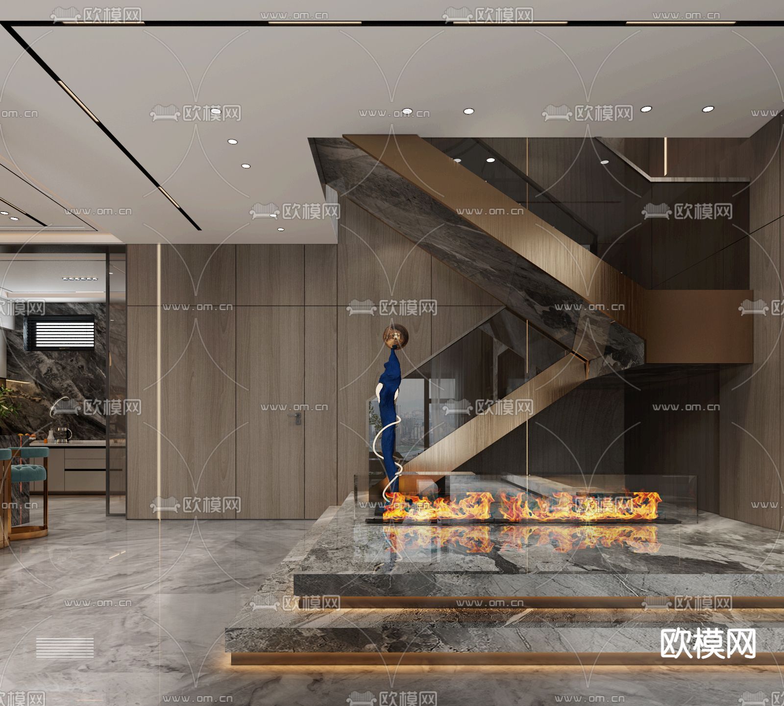 现代轻奢别墅客餐厅3d模型