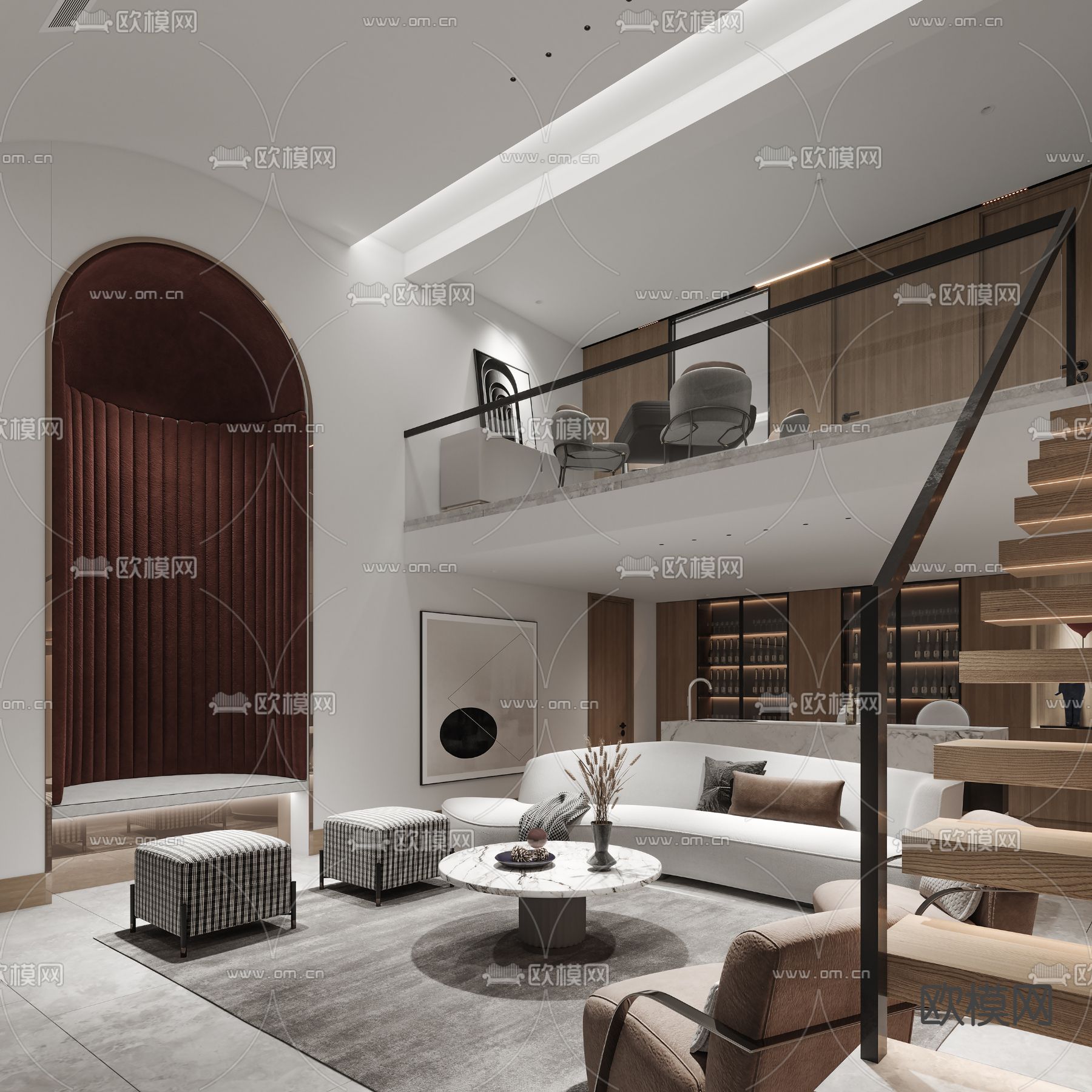 现代复式公寓客厅3d模型下载（渲染图2）