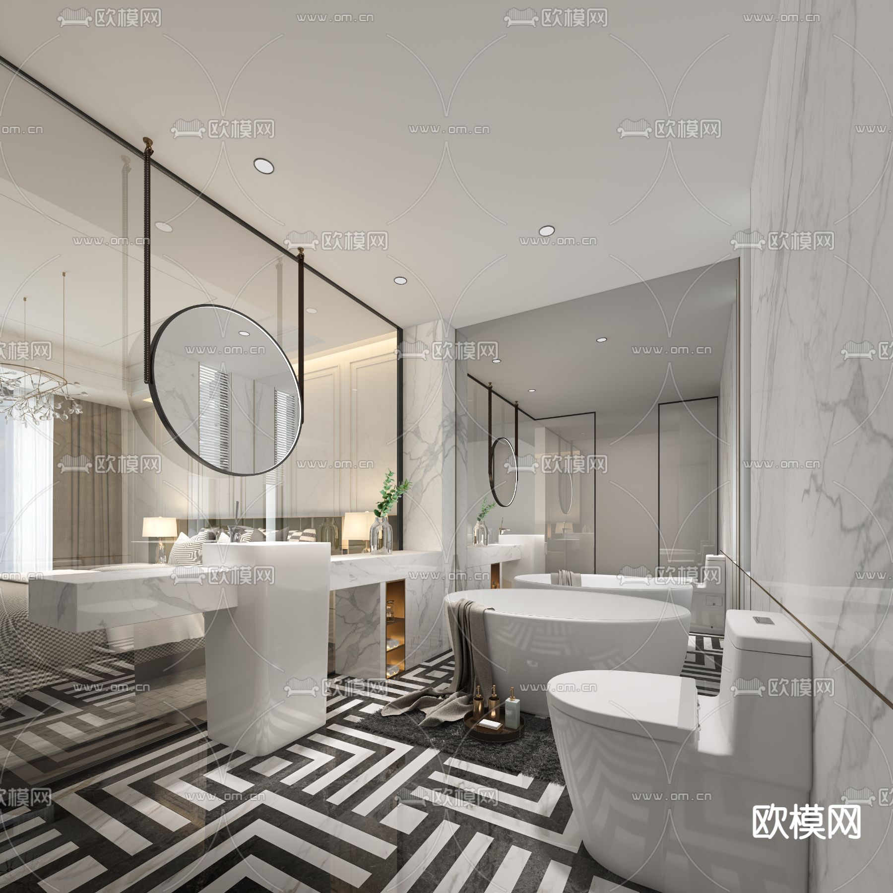 现代轻奢酒店客房3d模型下载（渲染图2）