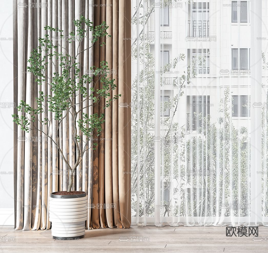现代布艺窗帘3d模型下载（渲染图2）
