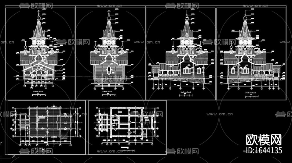 歐式教堂建筑結(jié)構(gòu)cad平面立面圖下載(渲染圖1)
