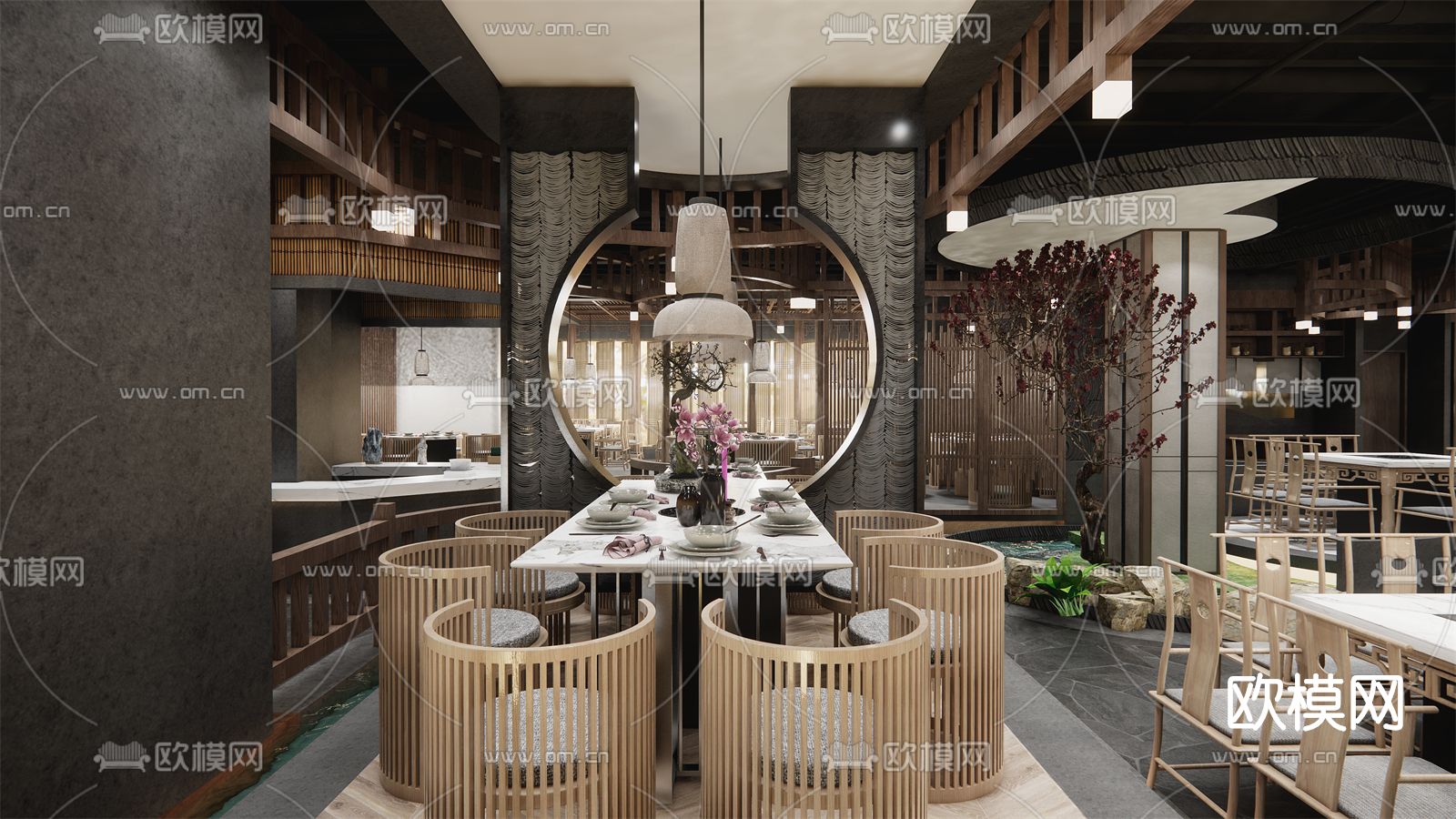 新中式火锅店su模型下载（渲染图2）