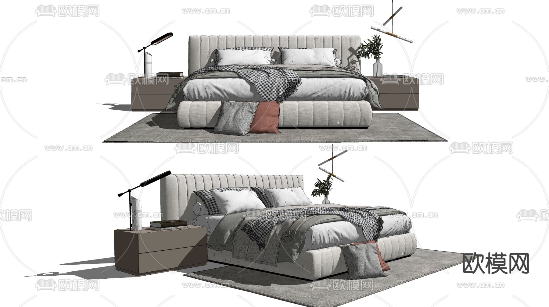 现代布艺双人床su模型下载（渲染图2）