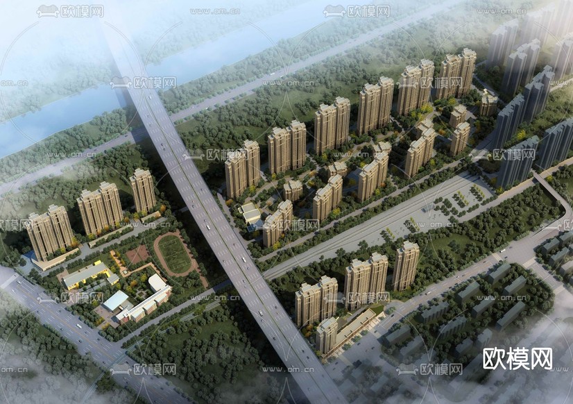 现代住宅小区鸟瞰3d模型下载