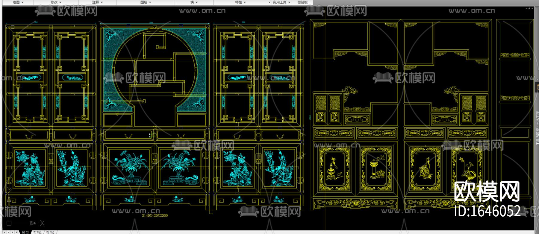 中式雕花高柜博古架立面剖面cad图库下载（渲染图1）
