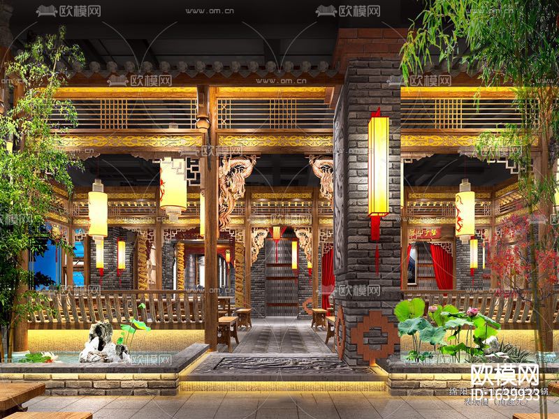 中式火锅店全套cad施工图下载（渲染图8）