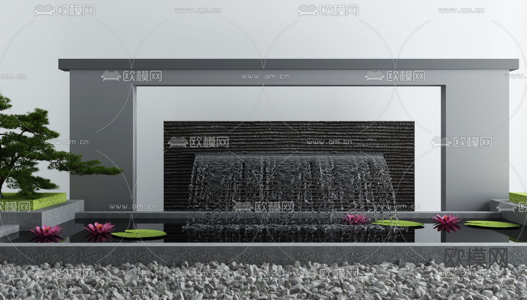 新中式流水水景小品3d模型下载