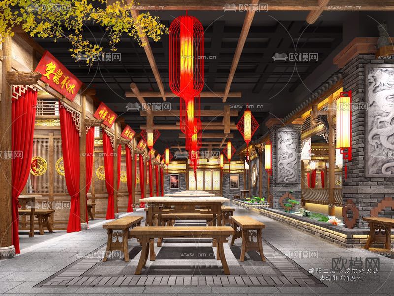 中式火锅店全套cad施工图下载（渲染图5）