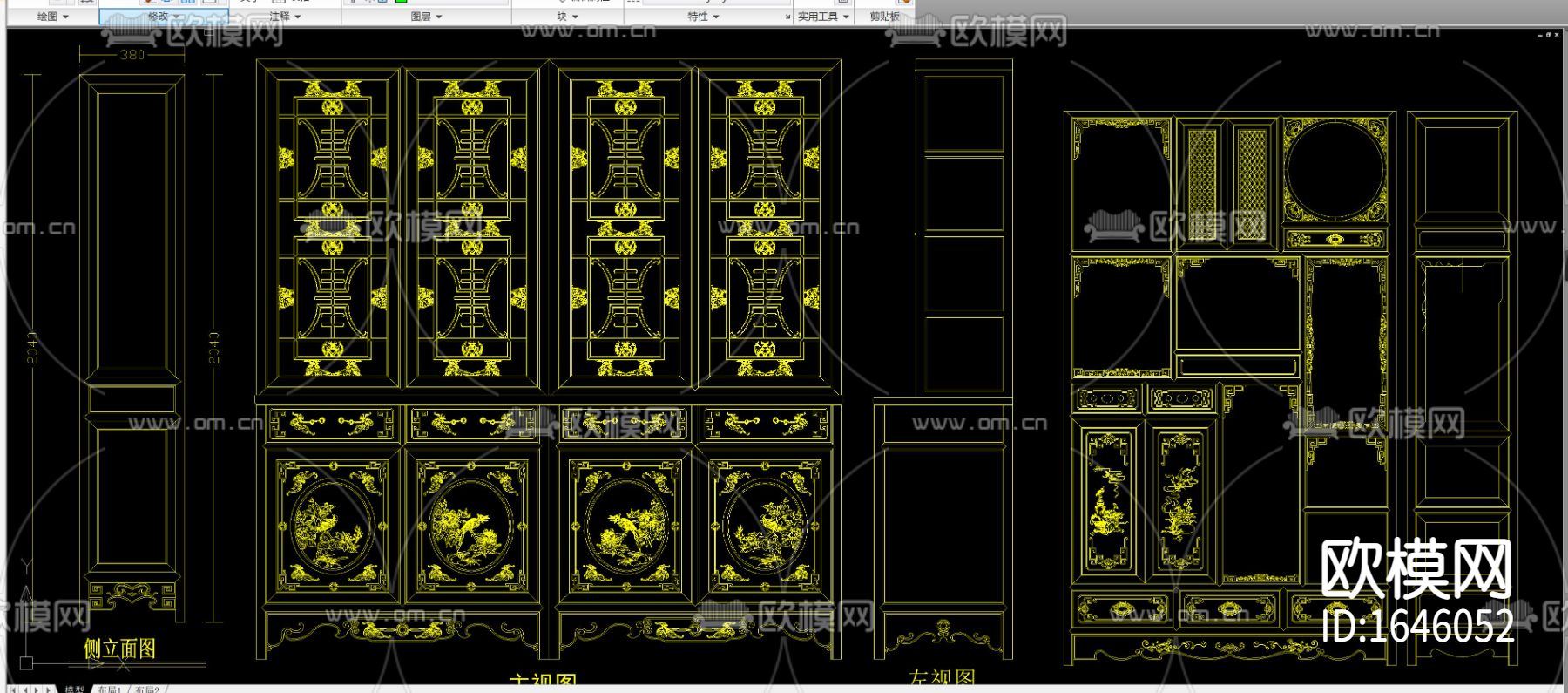 中式雕花高柜博古架立面剖面cad图库下载（渲染图8）