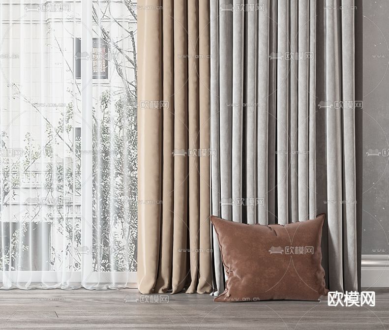 现代布艺窗帘3d模型下载（渲染图3）