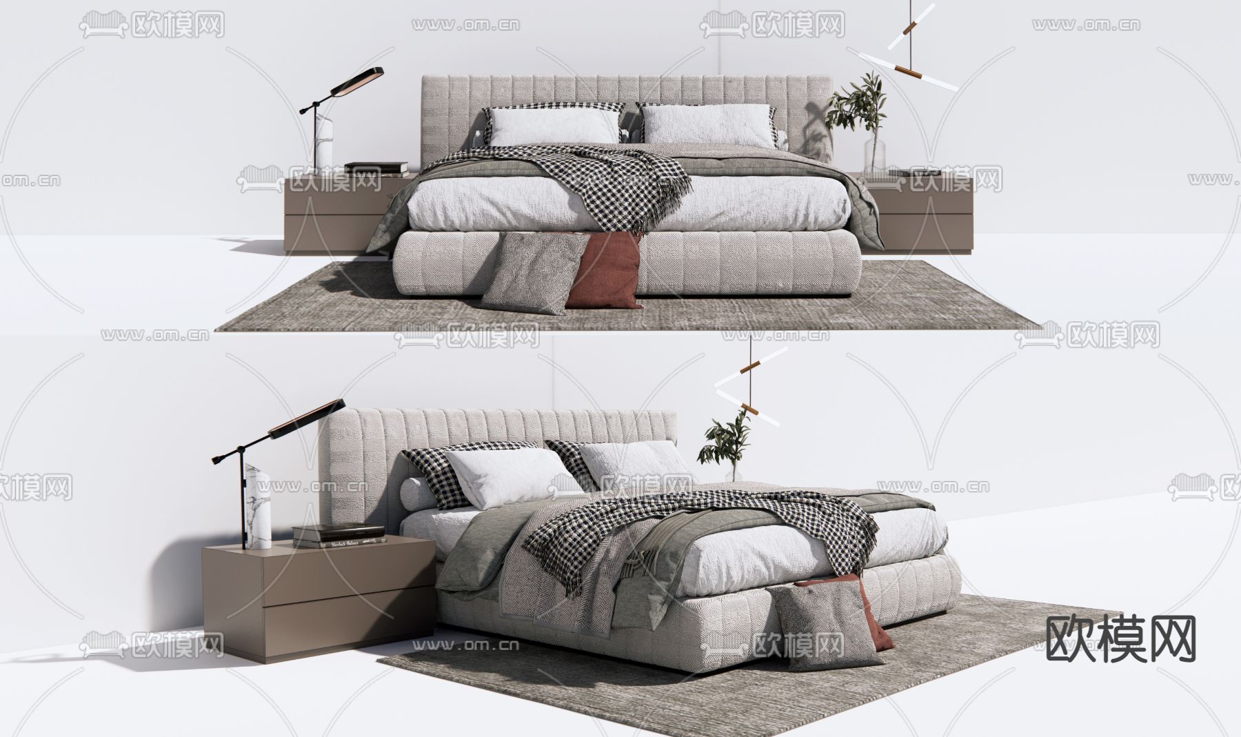 现代布艺双人床su模型下载（渲染图1）