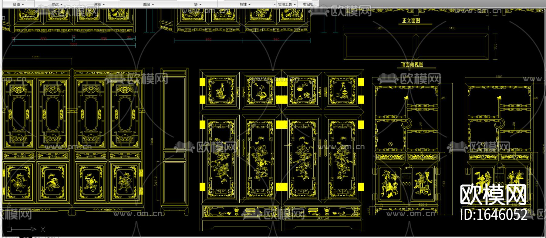 中式雕花高柜博古架立面剖面cad图库下载（渲染图9）