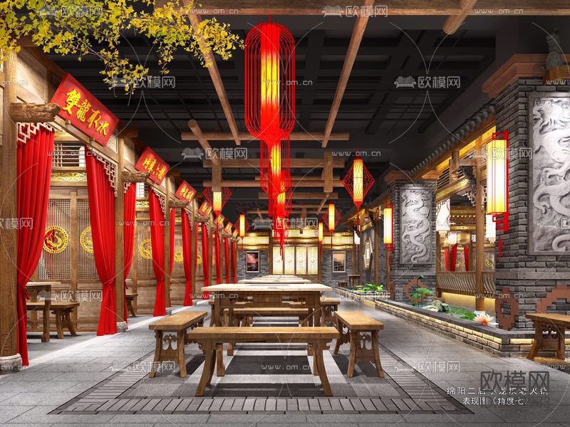 中式火锅店全套cad施工图下载（渲染图2）