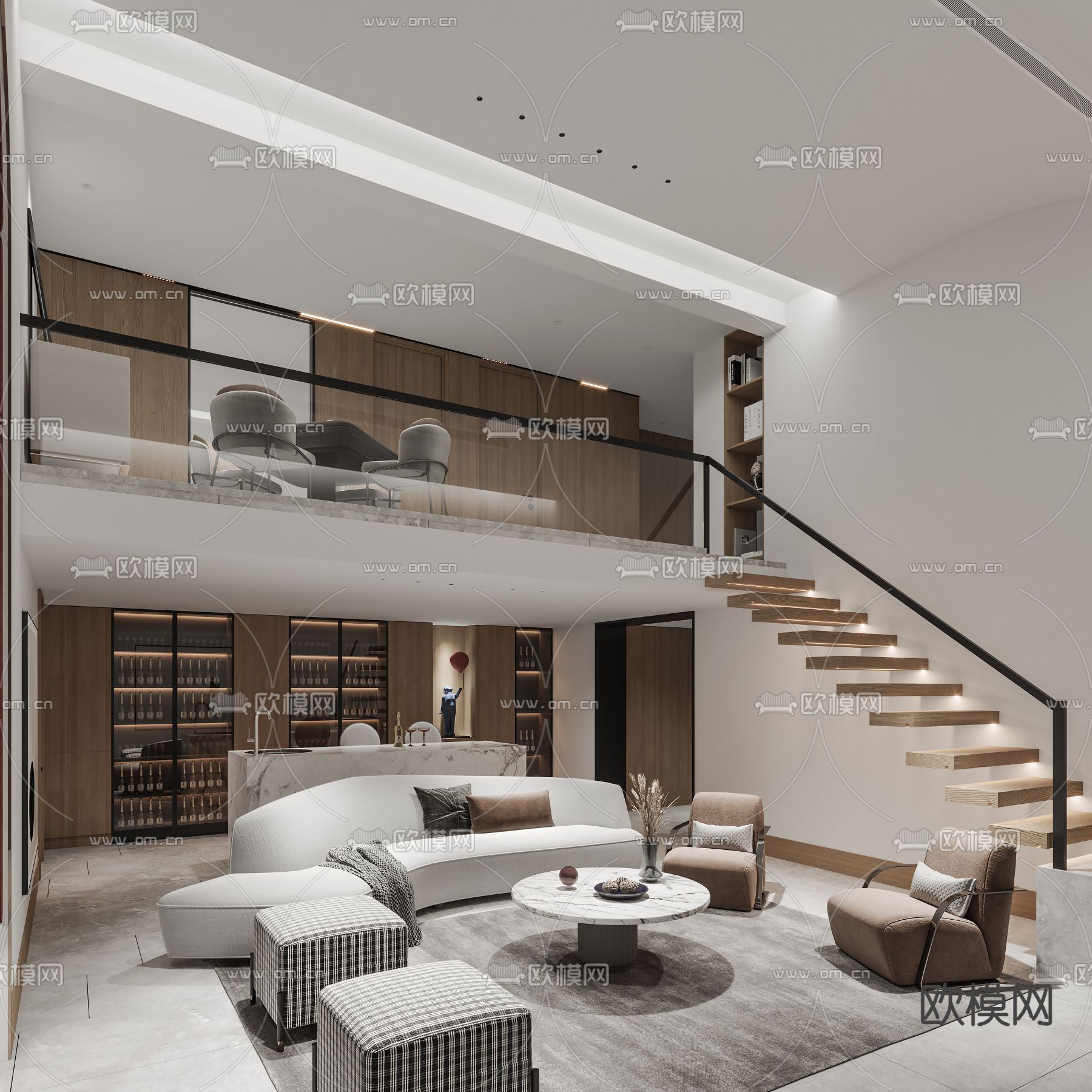现代复式公寓客厅3d模型下载（渲染图3）