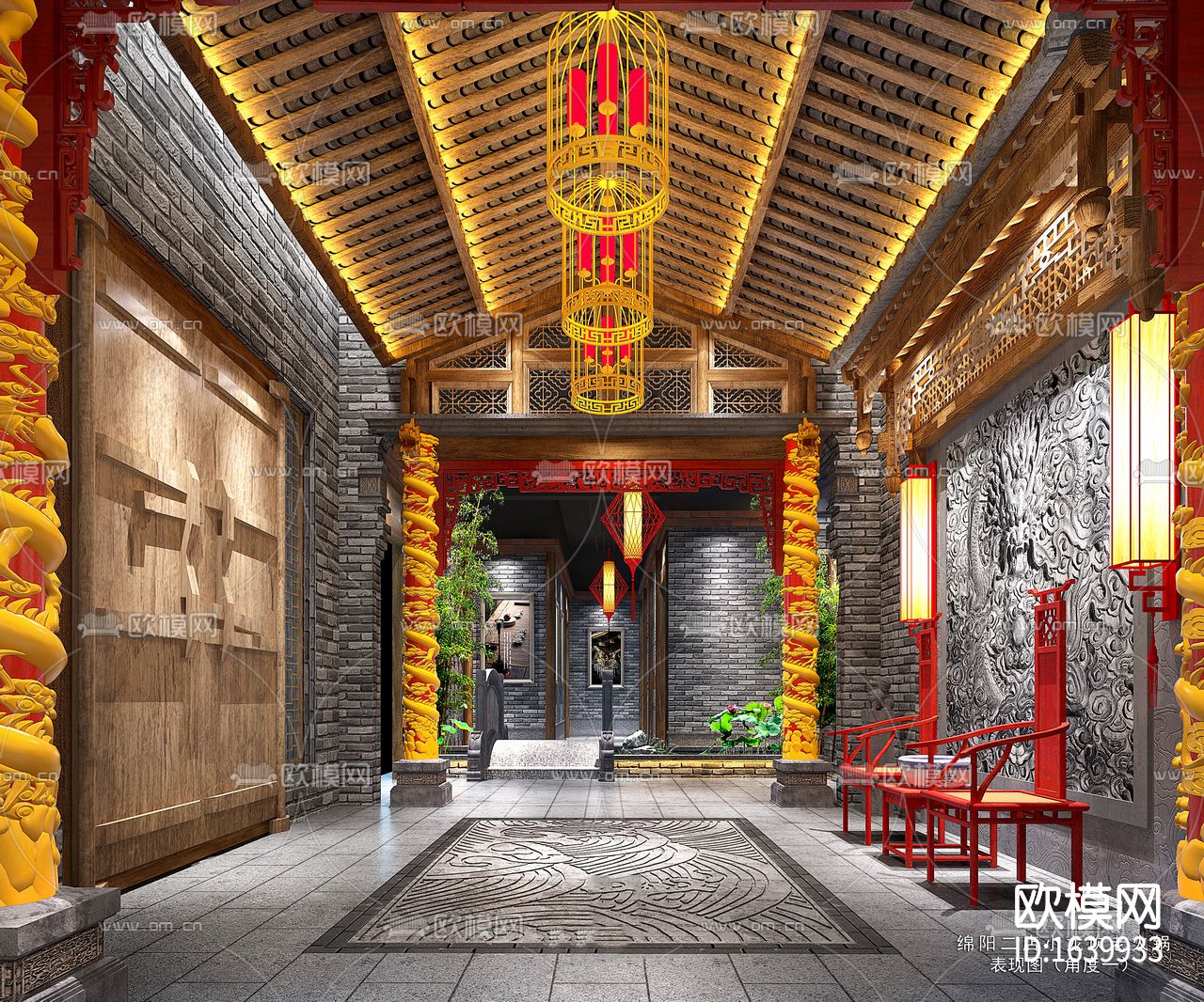 中式火锅店全套cad施工图下载（渲染图3）