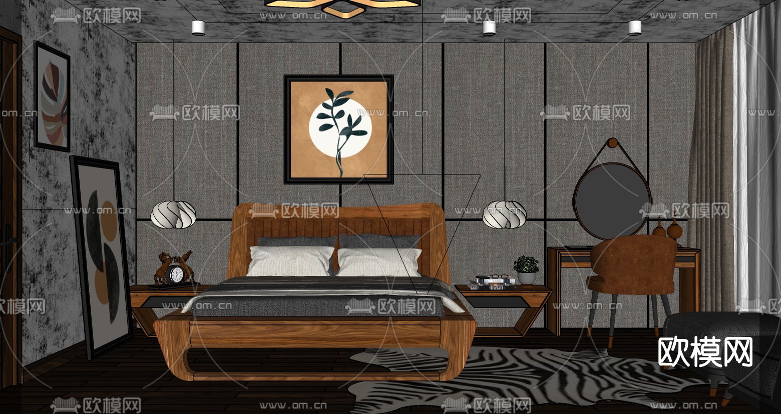 新中式卧室su模型下载（渲染图4）