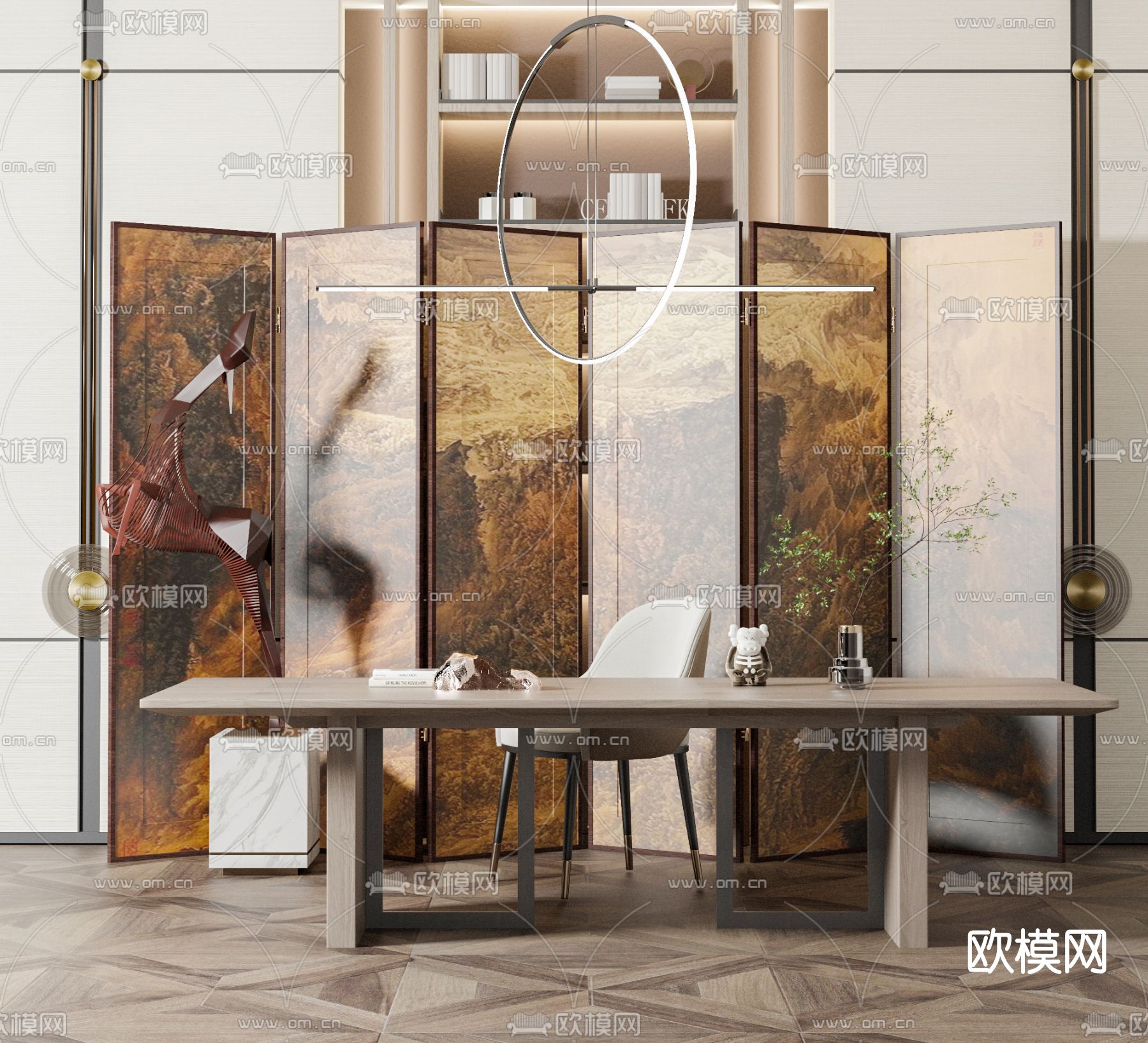 中式书桌椅屏风3d模型下载