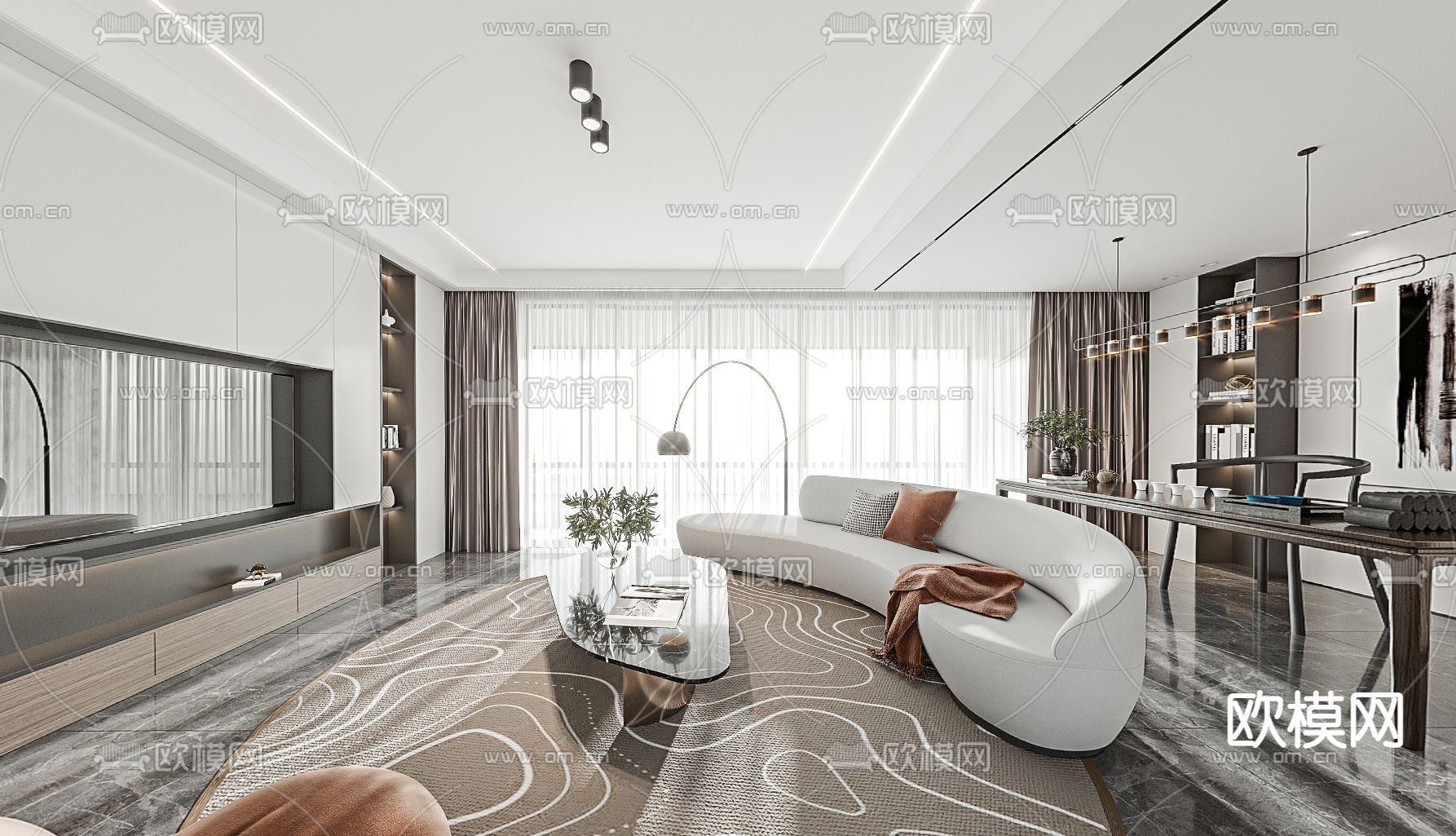 现代客厅餐厅cr全景3d模型