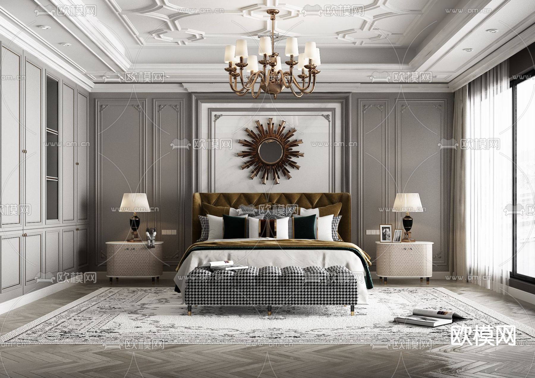 简欧卧室su模型下载（渲染图1）