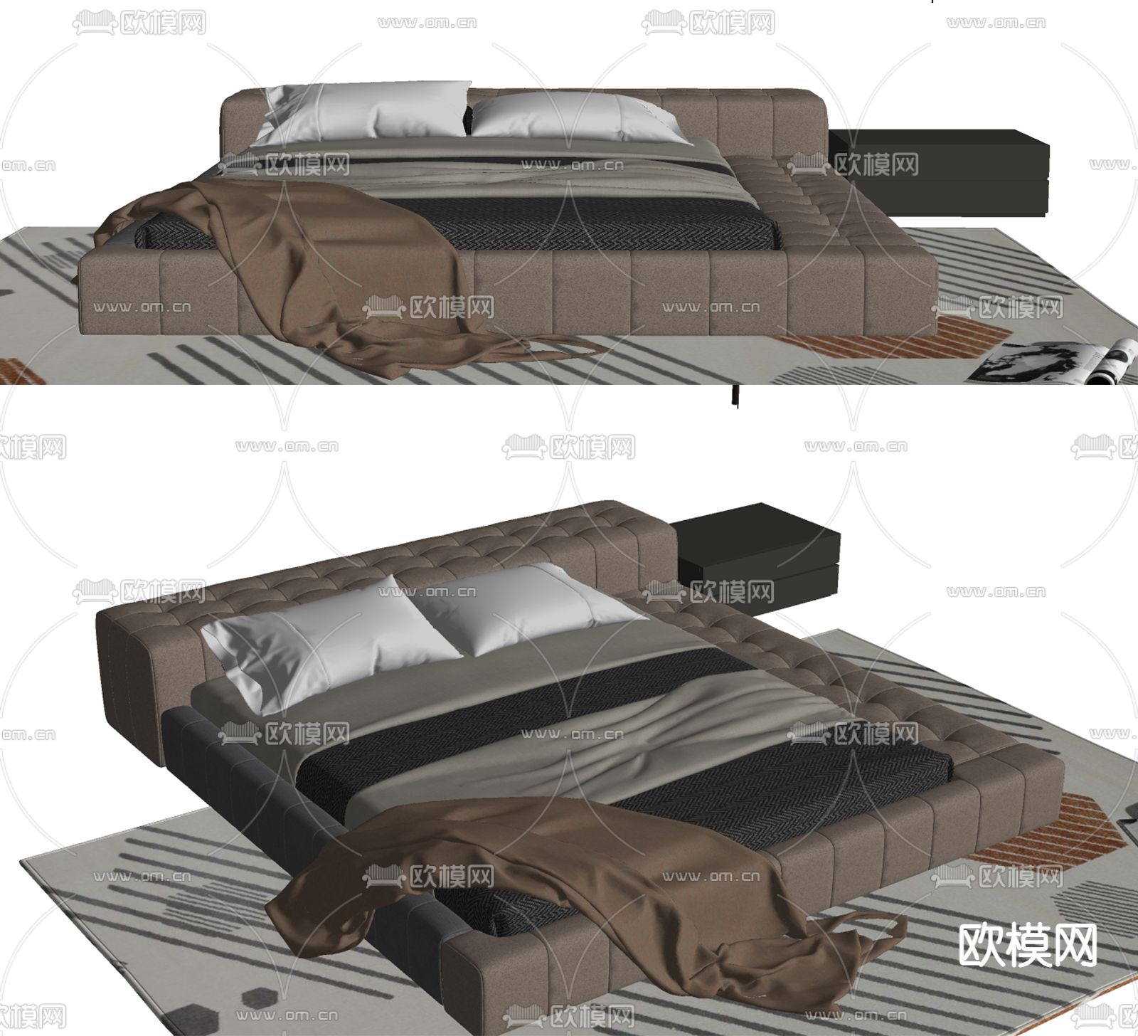 现代布艺双人床su模型下载（渲染图2）