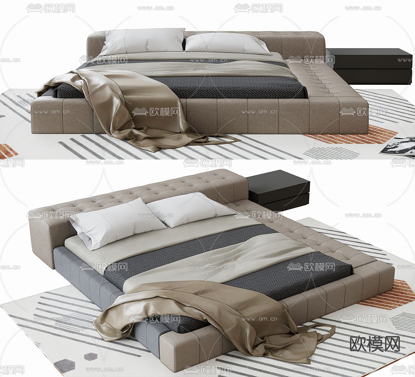 现代布艺双人床su模型下载（渲染图1）