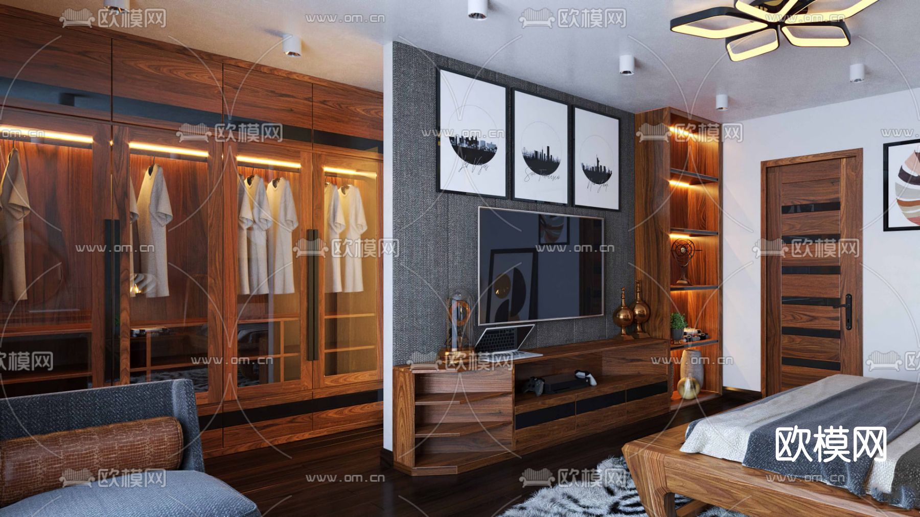 新中式卧室su模型下载（渲染图2）