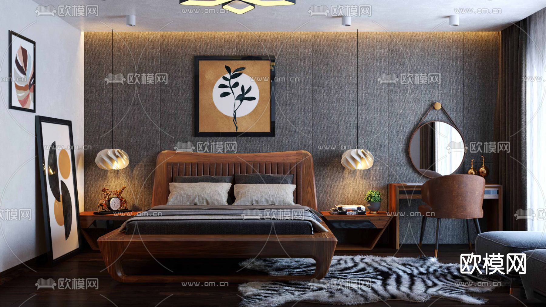 新中式卧室su模型下载（渲染图1）