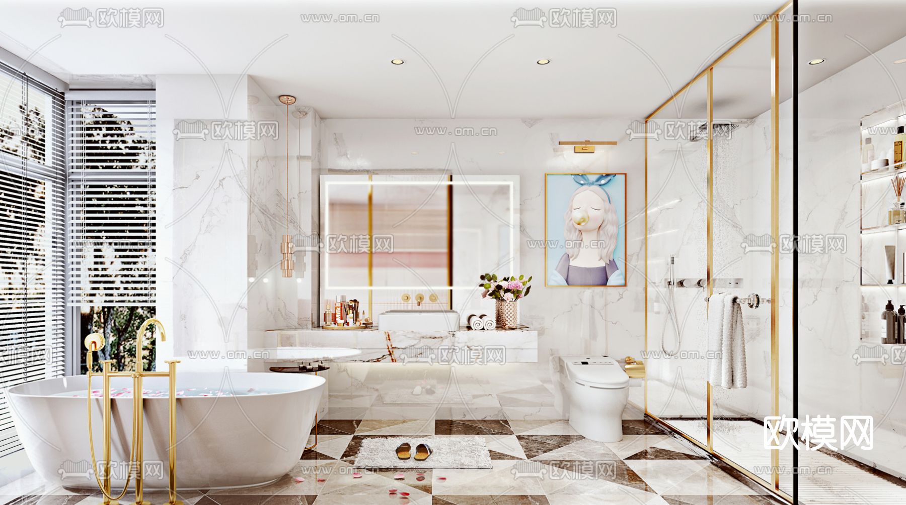 现代轻奢卫生间浴室3d模型下载