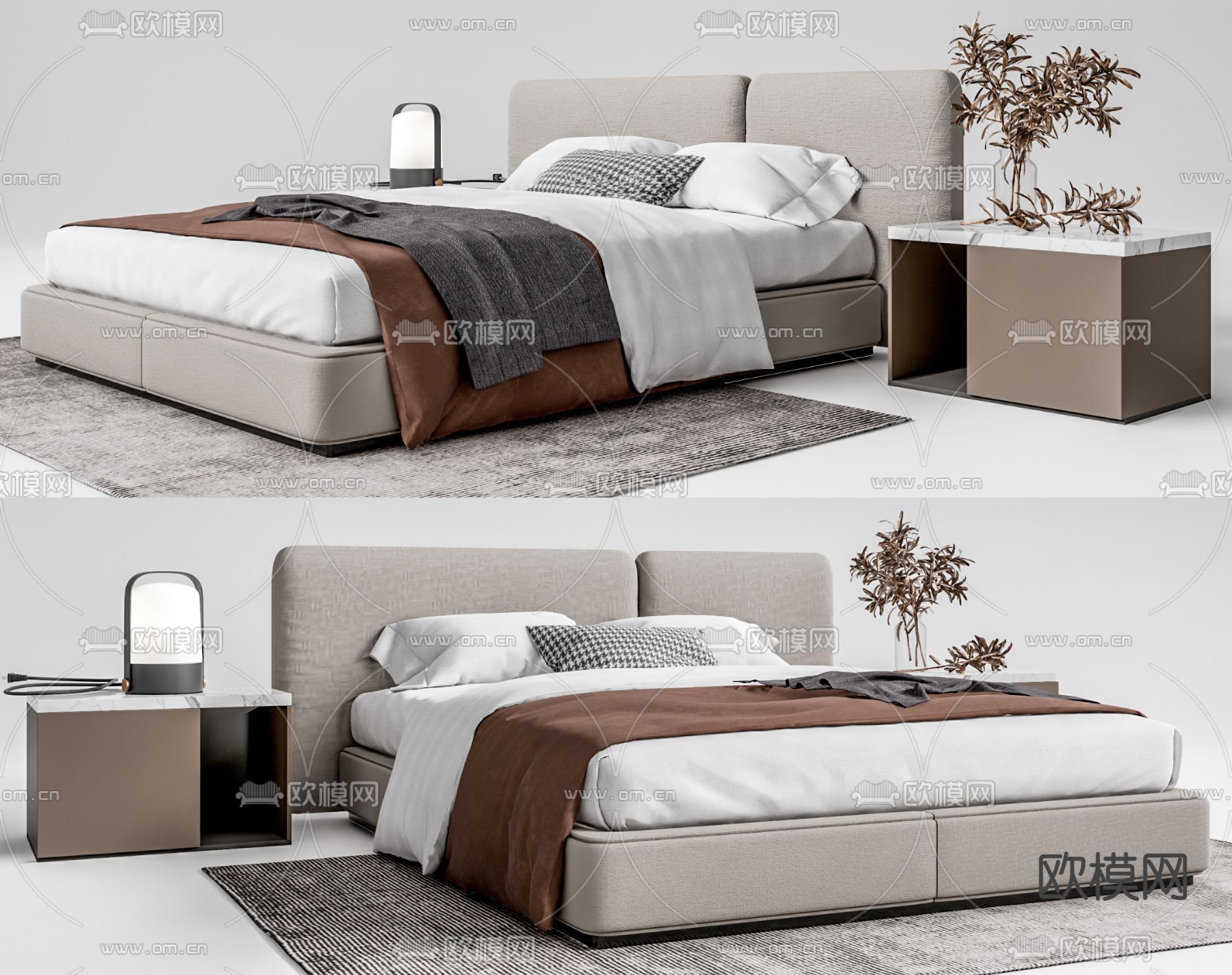 现代布艺双人床su模型下载（渲染图1）