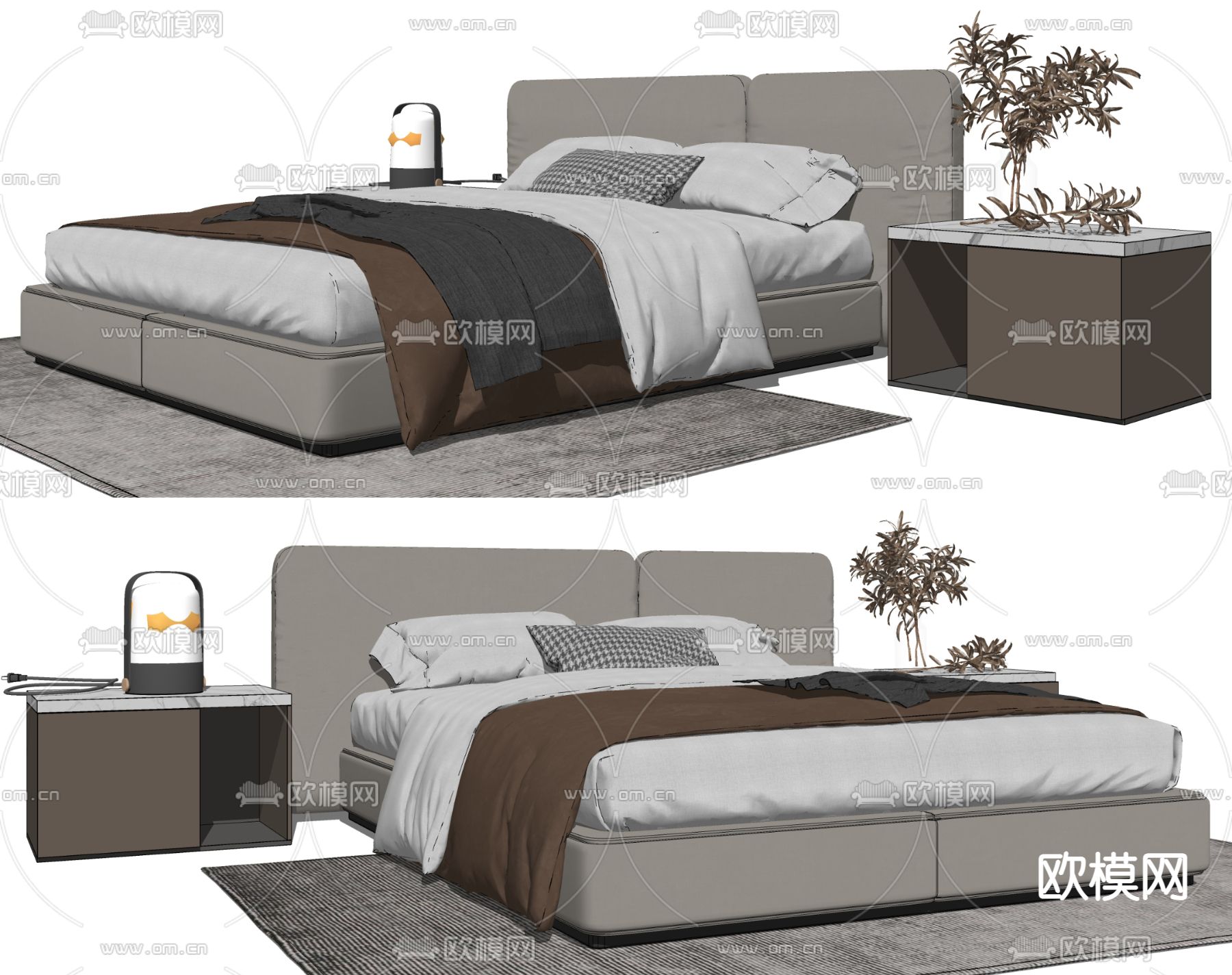 现代布艺双人床su模型下载（渲染图2）