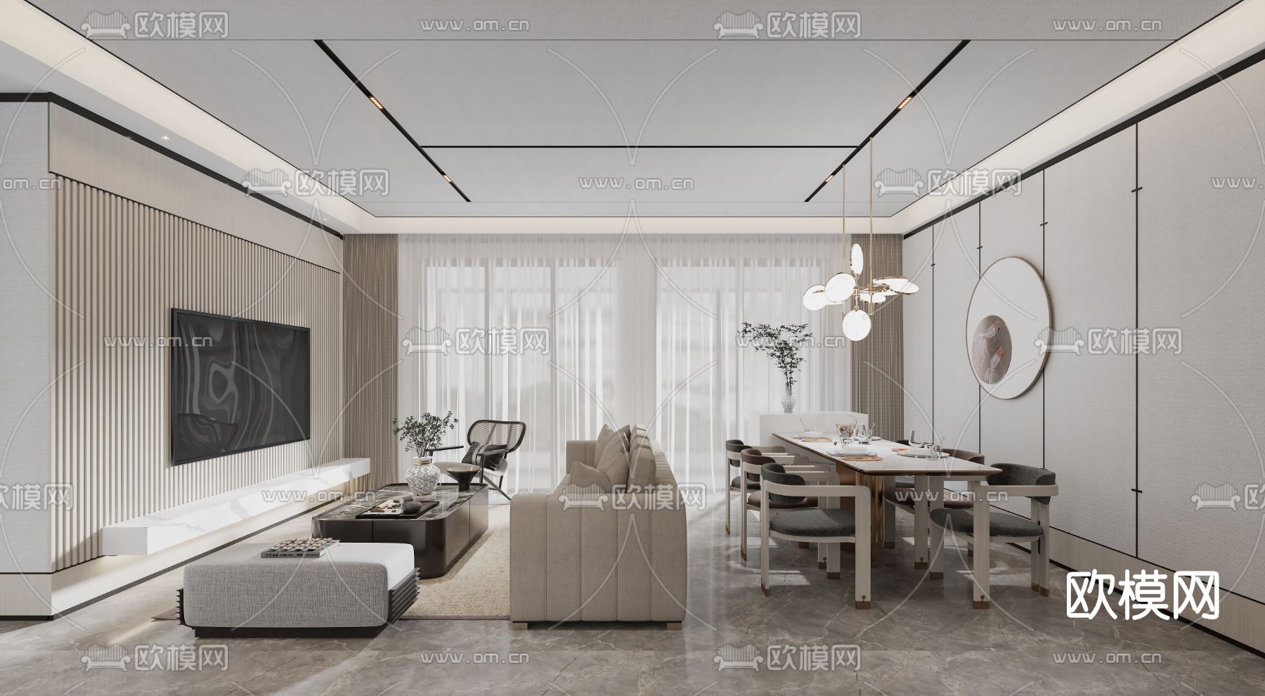 新中式客厅餐厅3d模型