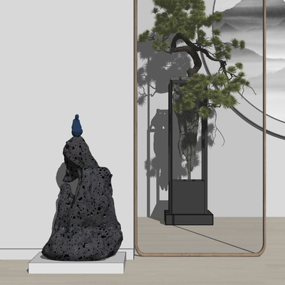 新中式假山盆栽su模型