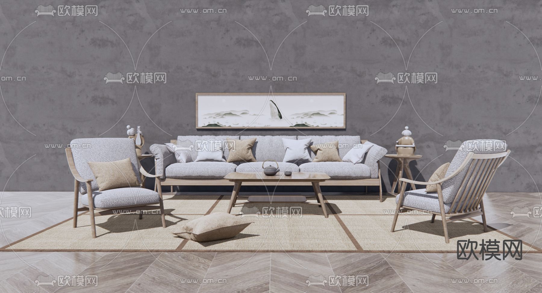 日式布艺组合沙发su模型下载（渲染图1）
