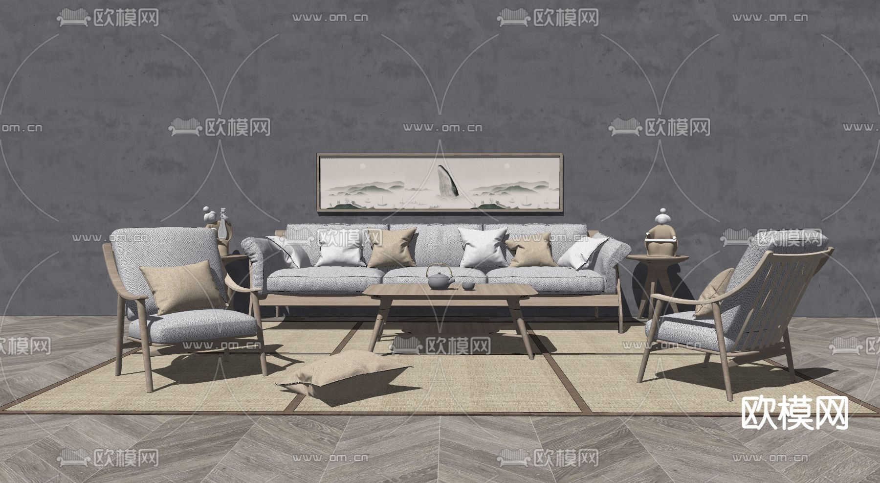 日式布艺组合沙发su模型下载（渲染图2）