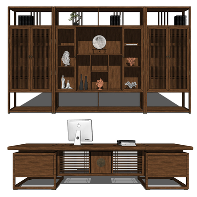 新中式装饰柜班台su模型